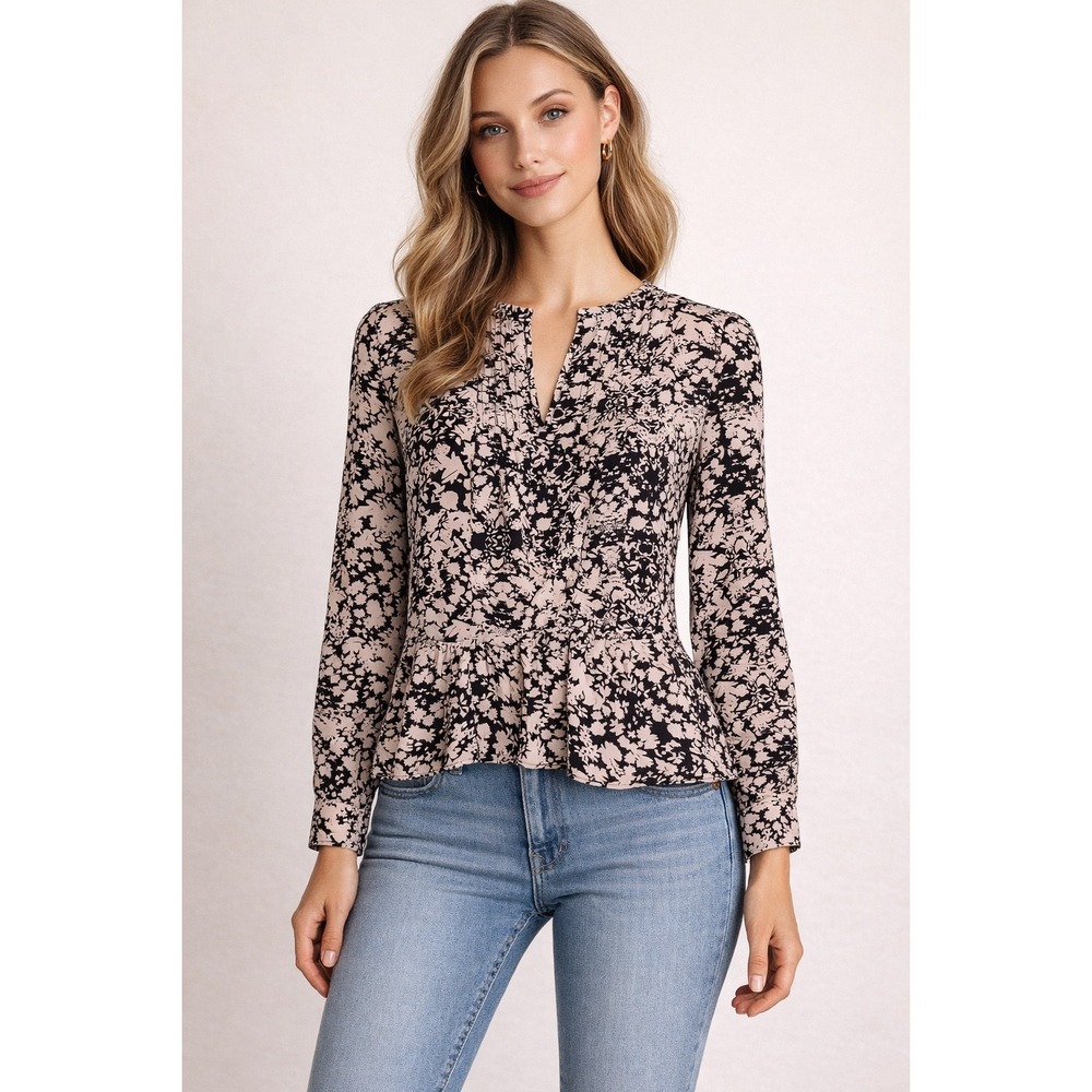 Rebecca Taylor 100% Silk Floral Peplum Blouse Black Pink Pintuck V-Neck Top 4